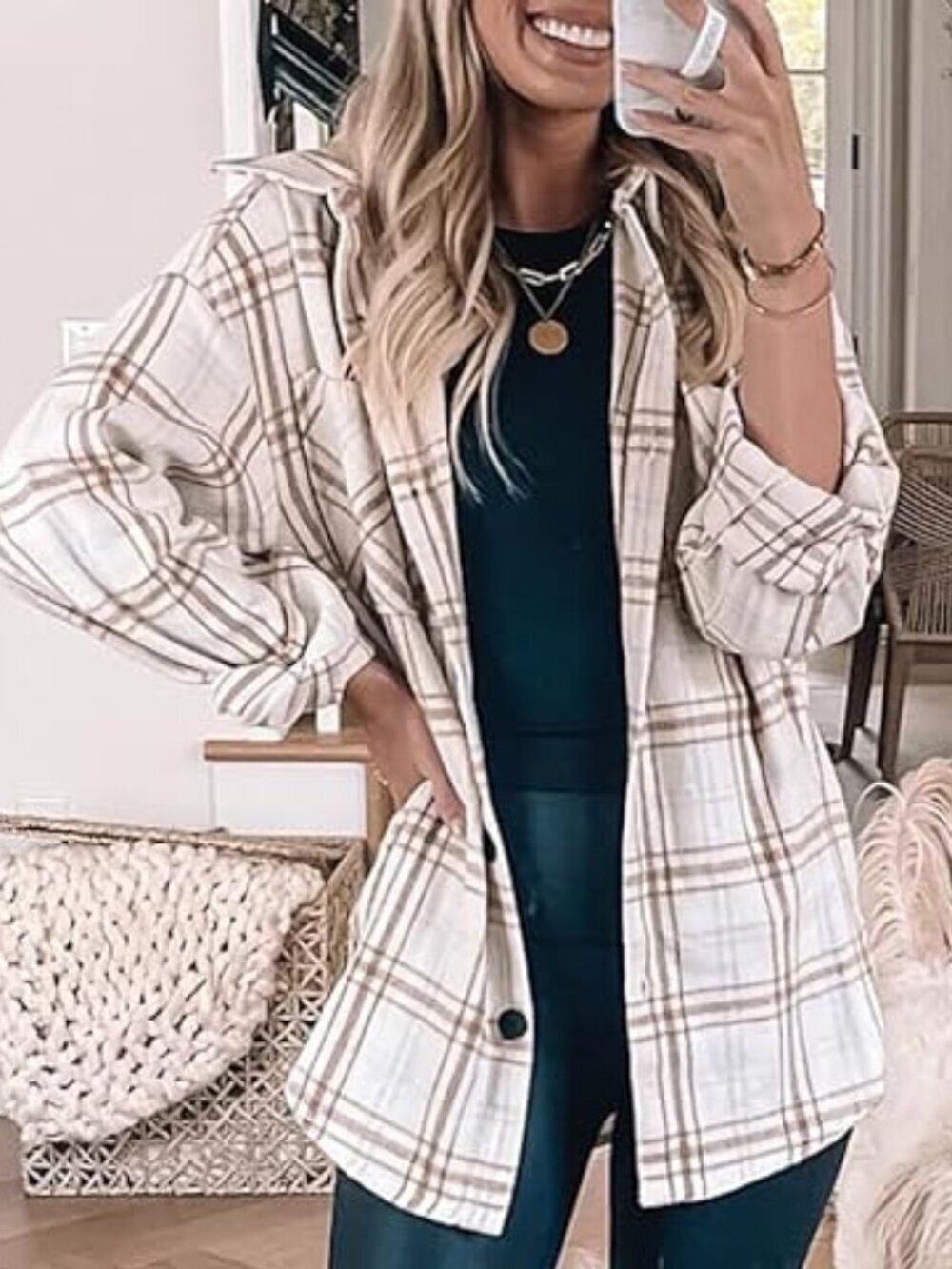 Amazon ANRABESS Women's Long Sleeve Button Down Shacket Jacket Plaid Flannel